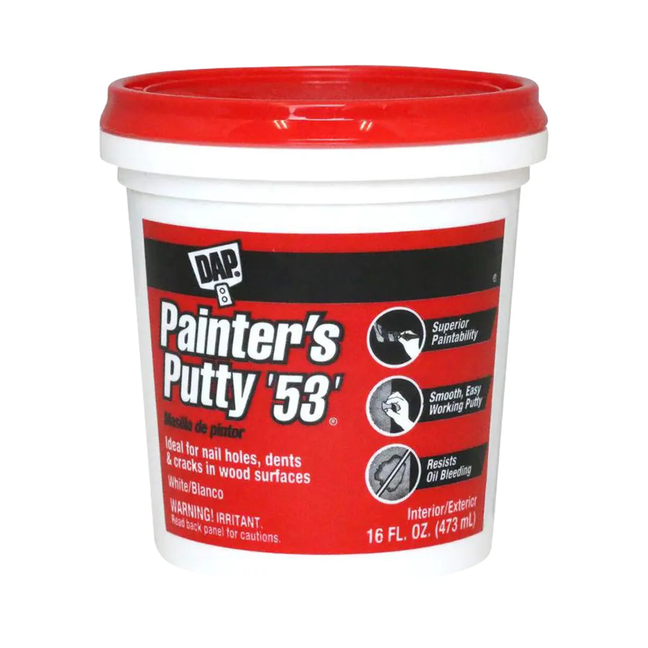 A white 16 oz. tub labeled Go Build White Painters Putty 53 has a red lid and black, white, and red text. It’s suitable for interior and exterior repairs, from The Fastest Way To Build brand.